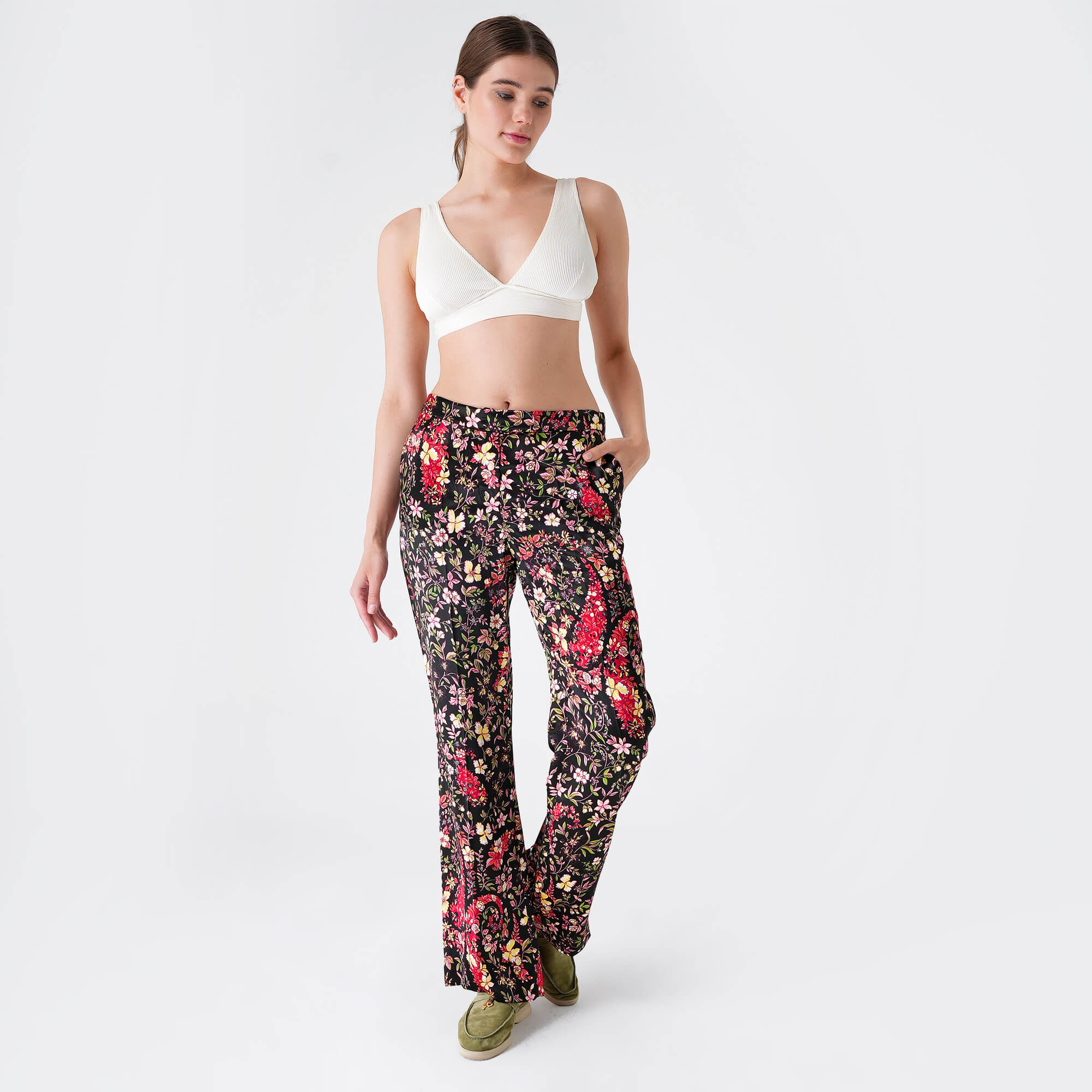 Etro - Black&Multicolor Floral Print Silk Pants